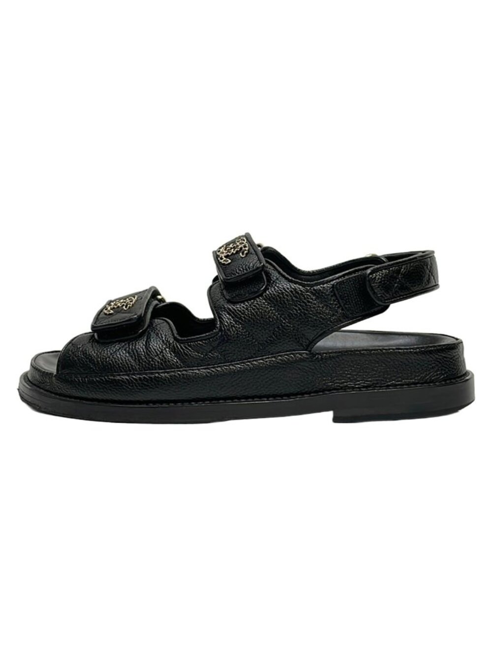 Chanel Sandals 36C Black Velcro CC Logo Gold Leather